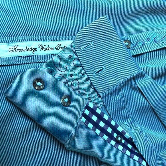 Robert Graham Solid Teal Blue Button Down Shirt Men's L Flip Cuff Check Paisley - Picture 7 of 9